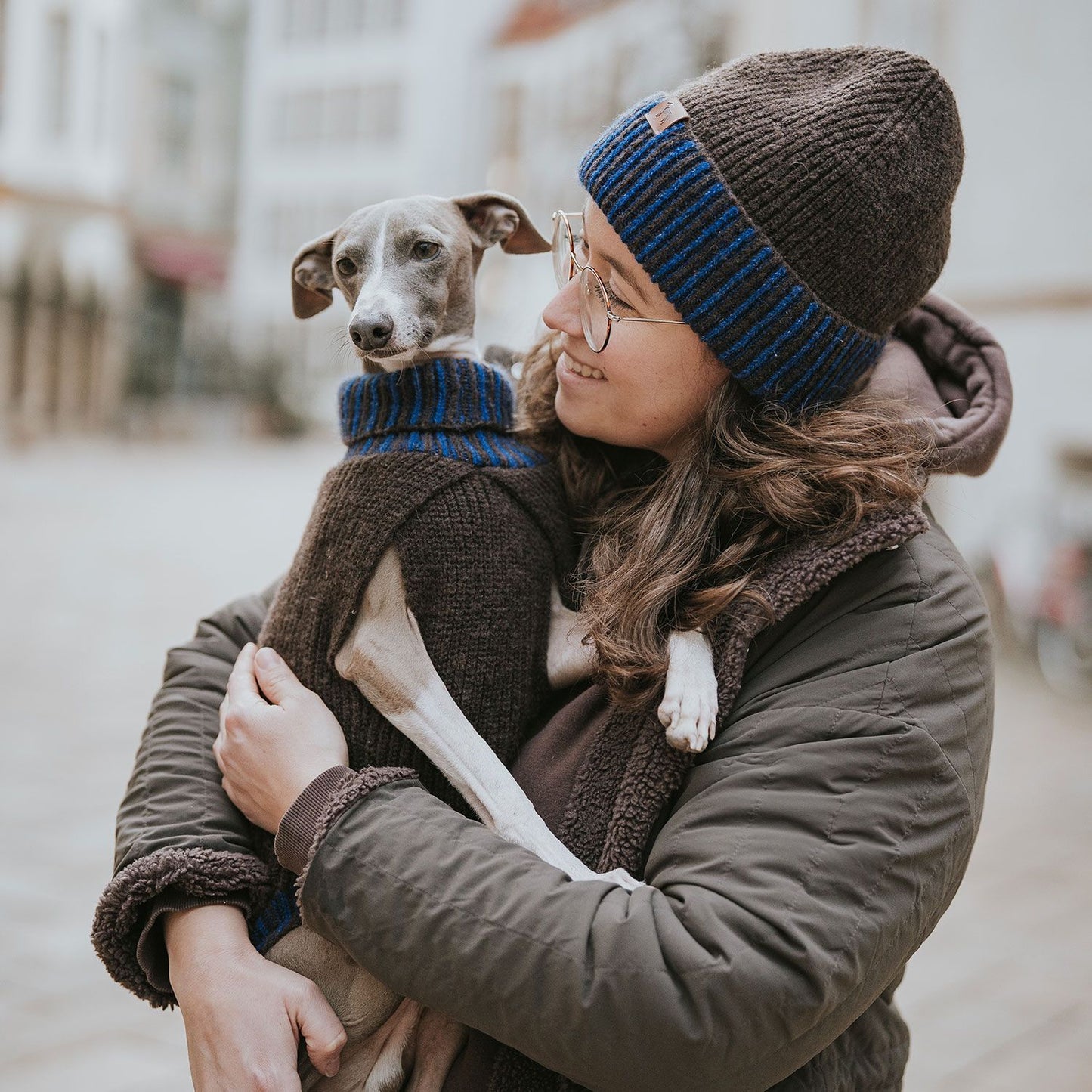 HUNTER - Hundepullover + Haube SET, braun blau