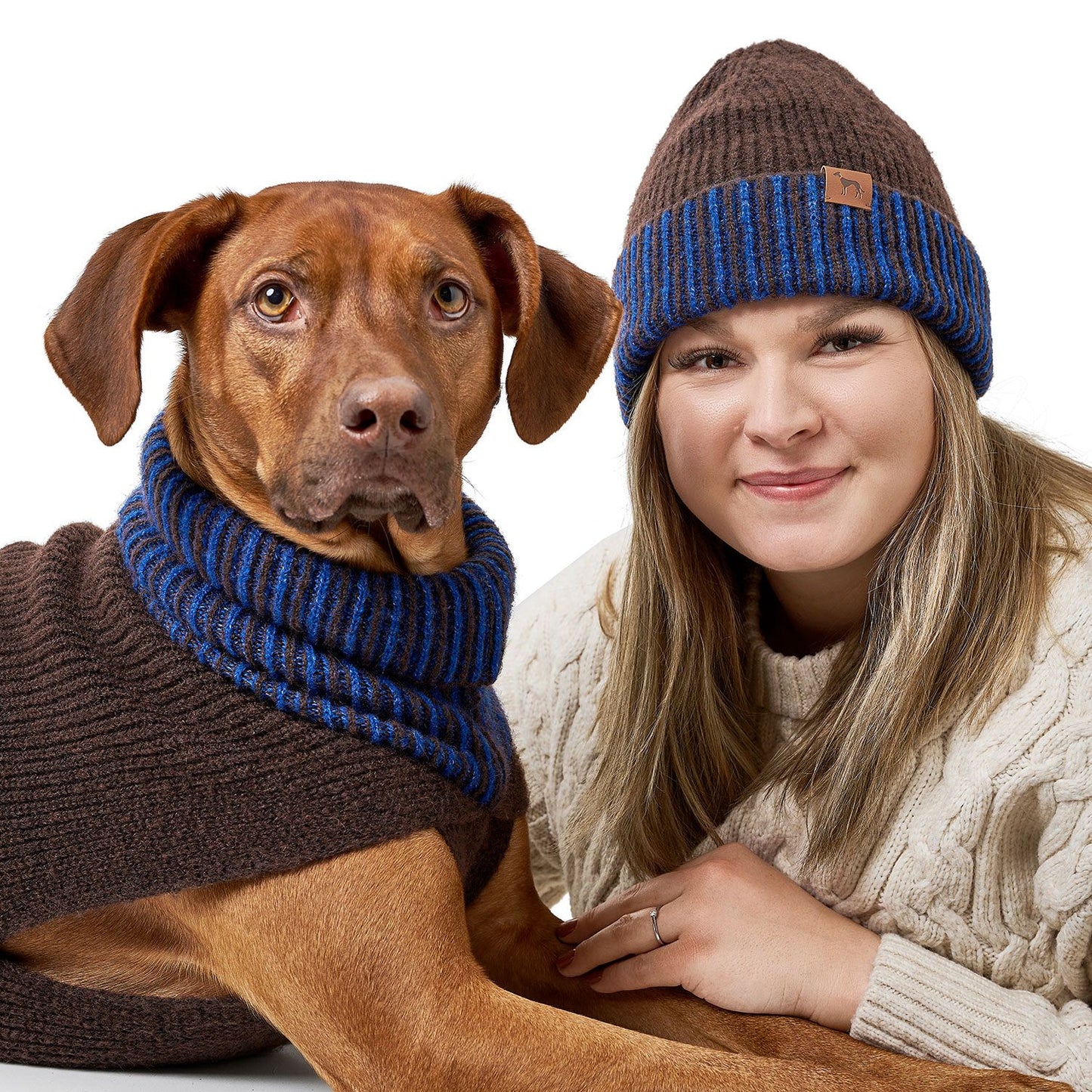 HUNTER - Hundepullover + Haube SET, braun blau